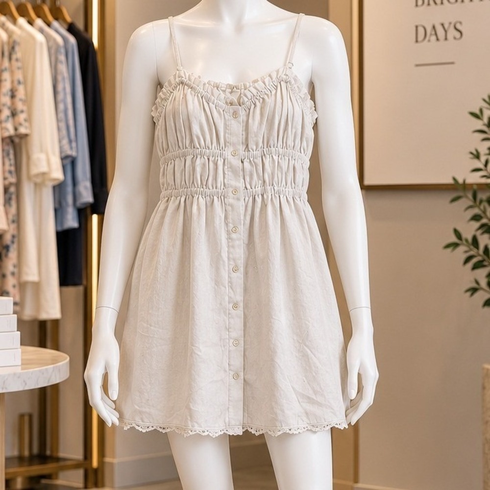 SHEIN Women Dress White Smocked Lace Trim Button Front Size Medium